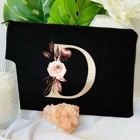 COPY - ZIP TOP BLACK COSMETIC BAG WITH INITIAL - Picture 2 of 8